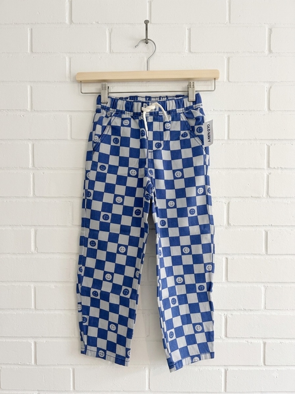 Old Navy Kids 5T Blue Checkerboard Smiley Face Barrel Leg Pants Drawstring NWT